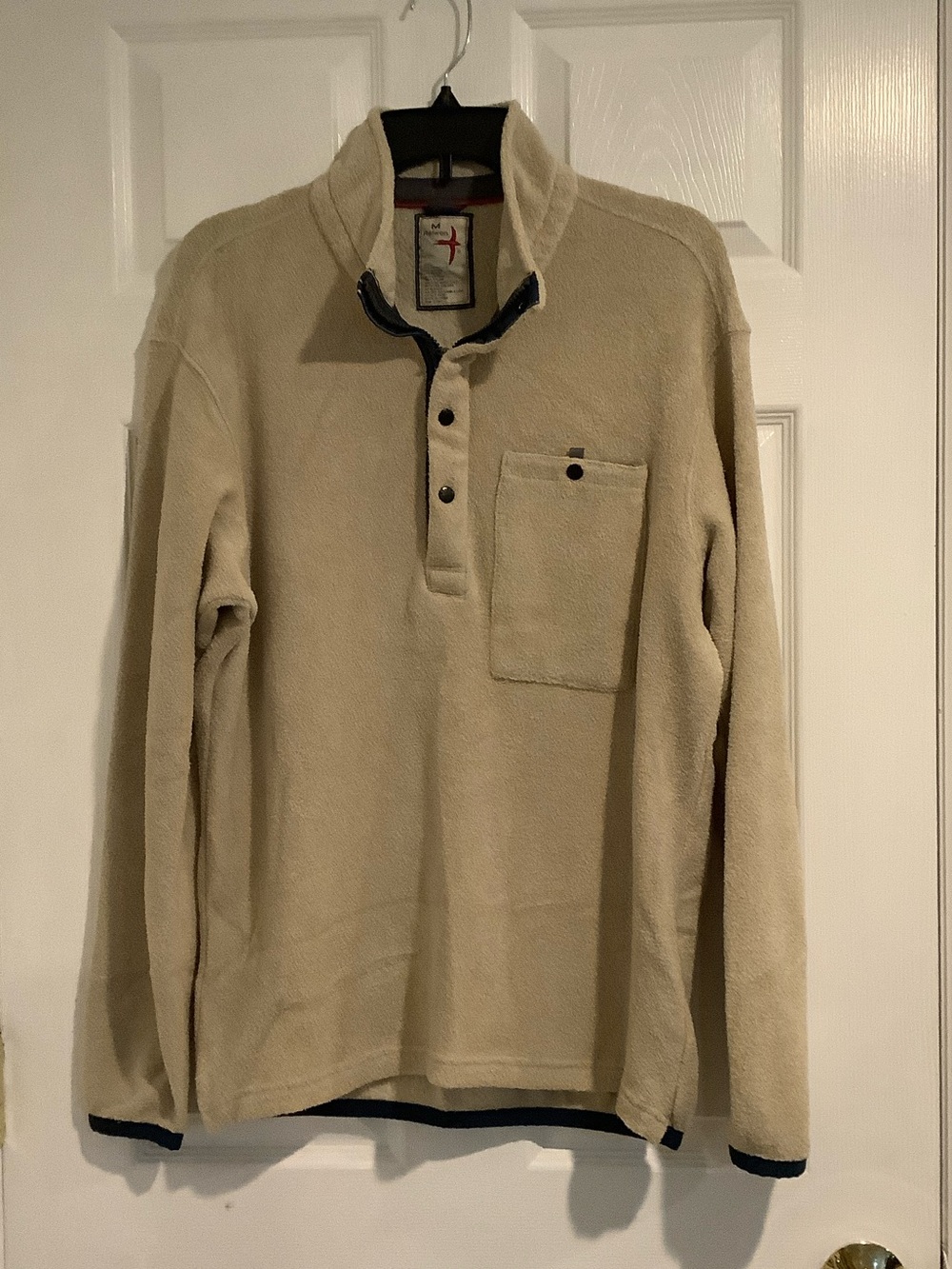 RELWEN Men’s Beige/Navy Neutral “Wooly Shag Snap-Zip” Cabincore 1/4 Zip Pullover